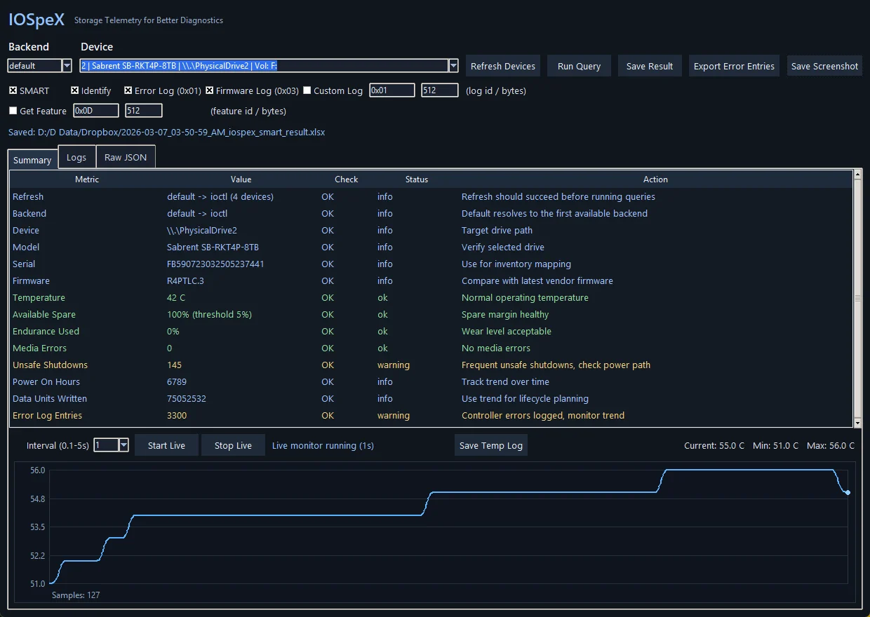 IOSpeX desktop interface for NVMe diagnostics and log inspection.