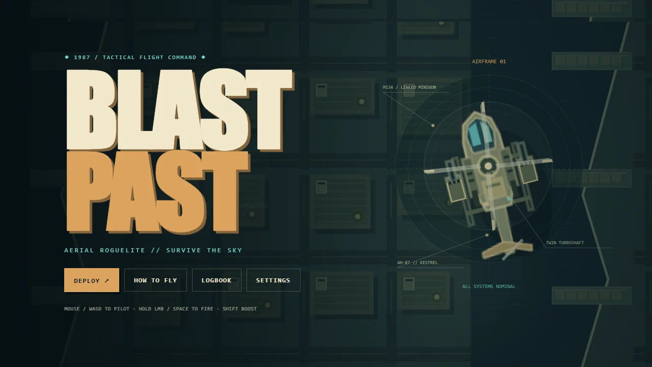 Blast Past launch screen for the aerial helicopter roguelite.
